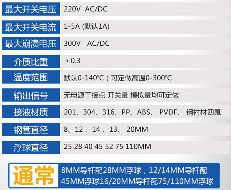 磁性浮球液位計技術參數(shù)對照表